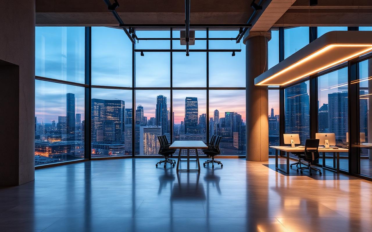 Modern corporate office interior with integrated smart lighting and city views