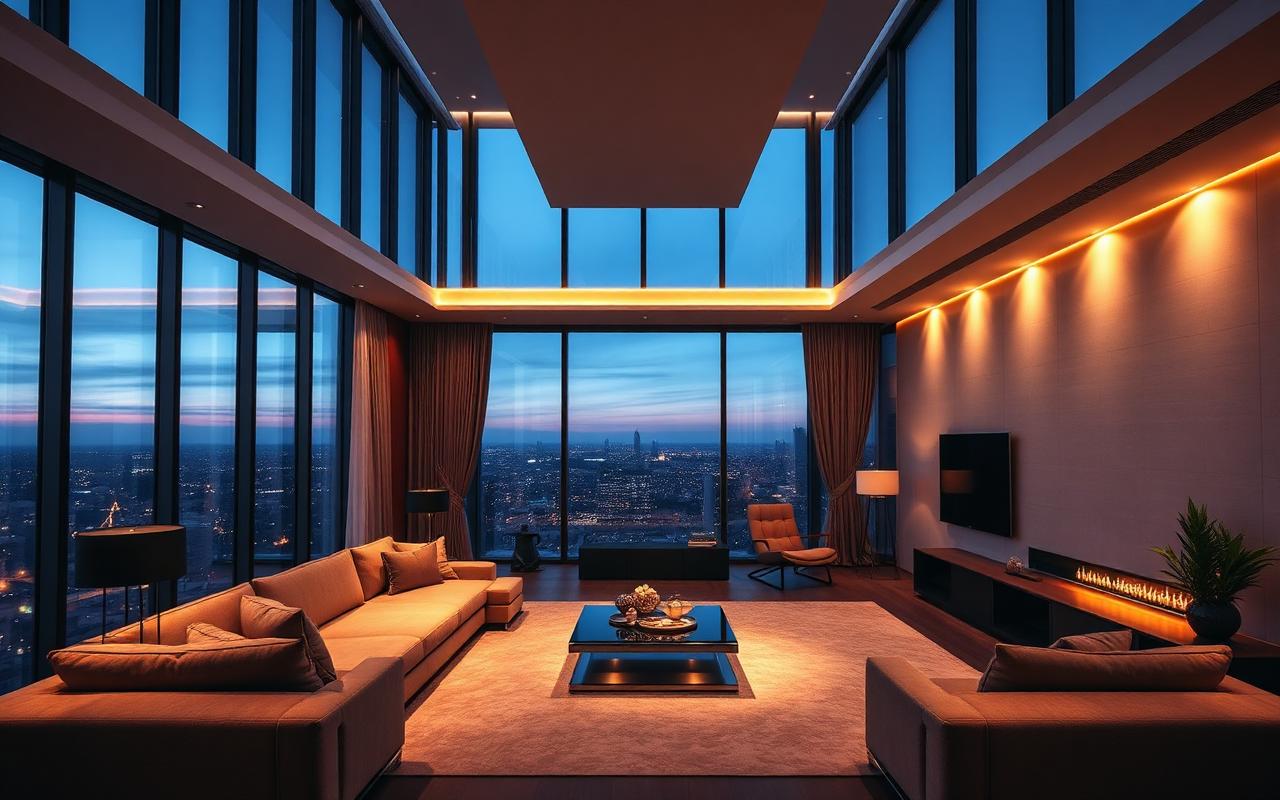 Luxury modern living room with integrated smart lighting at dusk